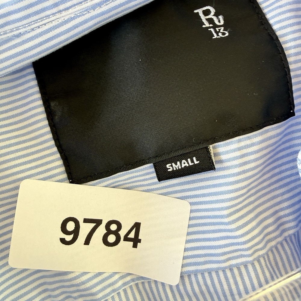 R13 Gathered Hem Shirt Light Blue Pinstripe Cropped Button Front Top $450 Retail - Picture 13 of 13
